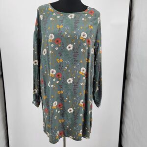 Emery Rose Womens Green Floral Garden Long Sleeve 100% Viscose Shift Dress XL